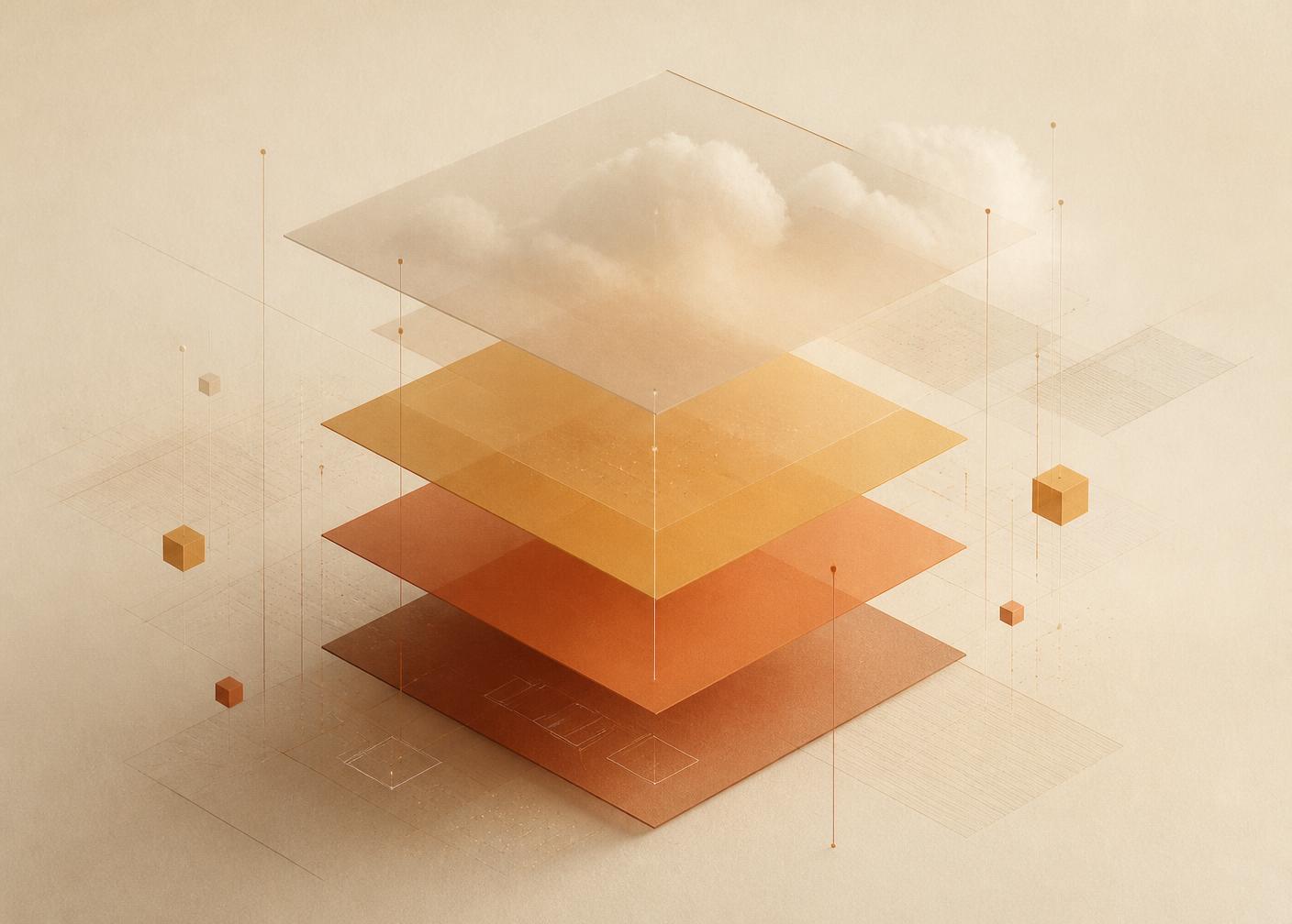 Stacked translucent planes and thin connecting lines representing cloud infrastructure layers