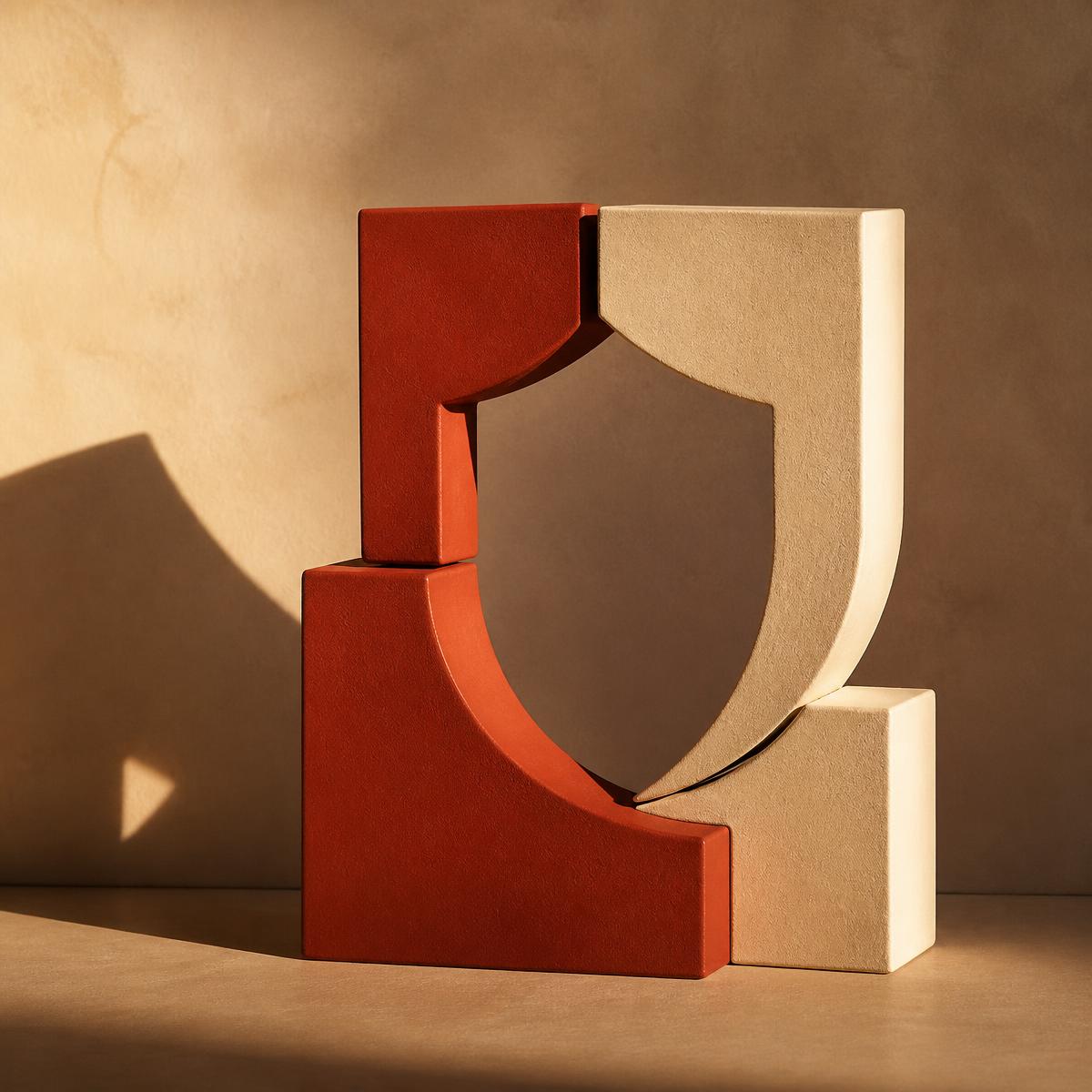 Interlocking ceramic blocks in terracotta and sand forming a shield shape under directional light