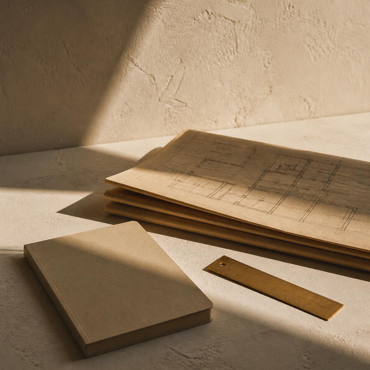 Folded technical drawings, a plain notebook and a brass ruler on a cream plaster surface