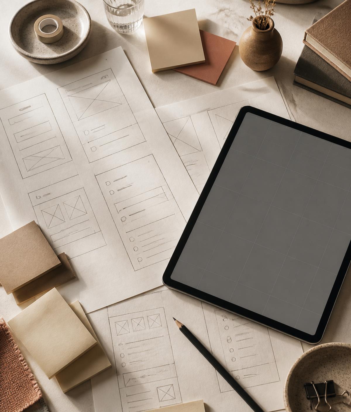 Paper wireframe sketches, sticky notes and a tablet arranged on a warm neutral desk